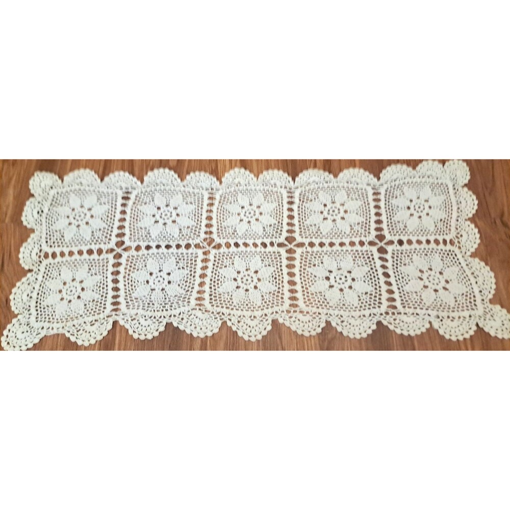 Vintage Crochet Knit Table Runner Ivory Handmade Floral Country Farmhouse 33x13